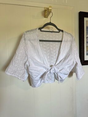 Roxy White Eyelet Tie-Front Cropped Top